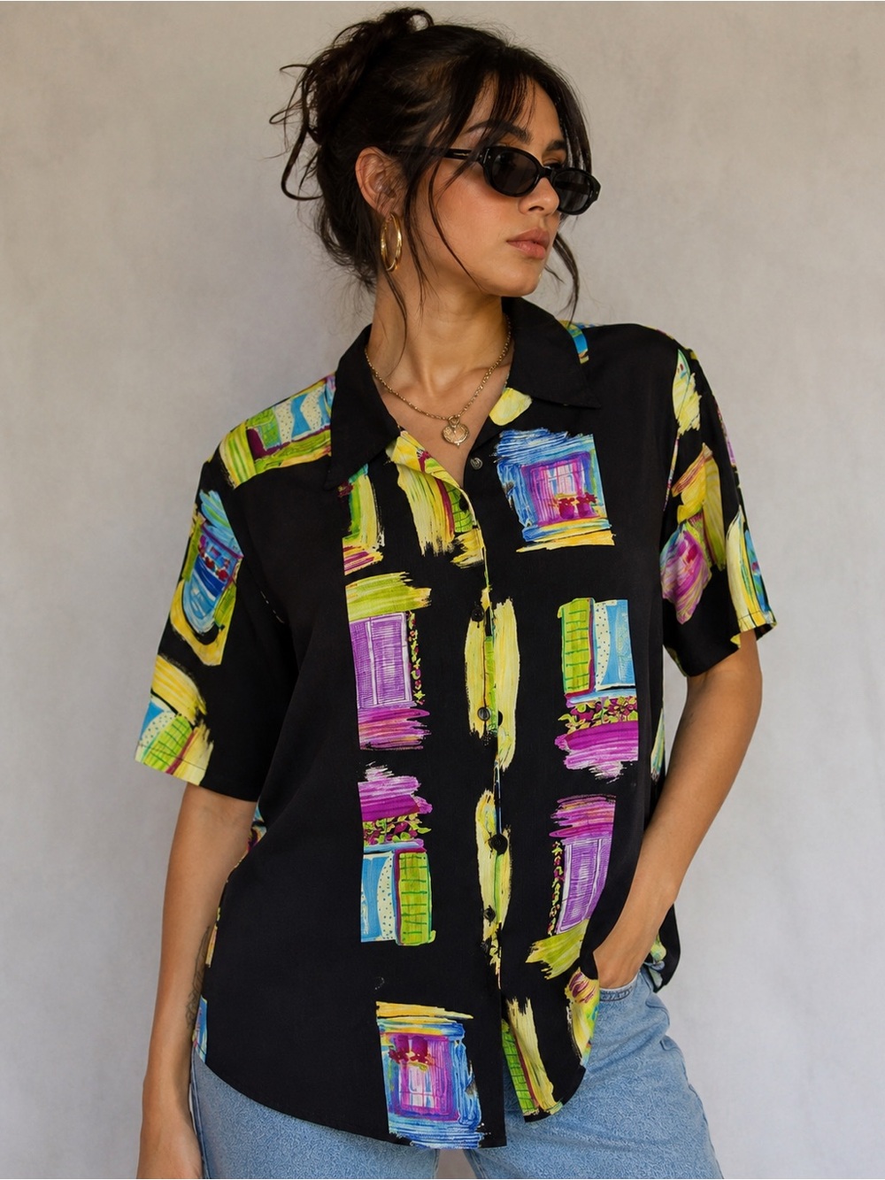 Vintage Maggie Sweet Made in USA Abstract Print Button Front Blouse